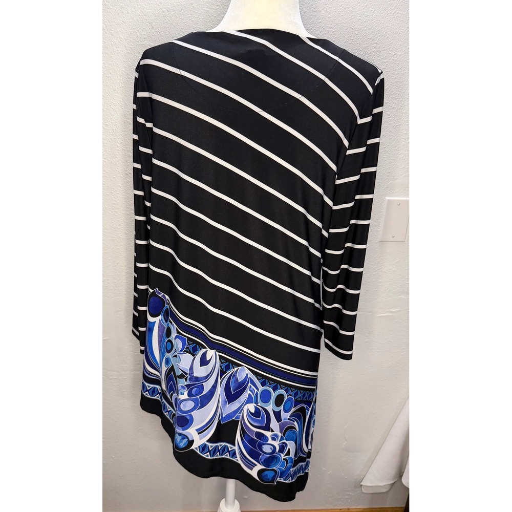 Chico's Travelers Women 2/L Black White Striped Blue Paisley Asymmetrical Tunic - Picture 2 of 12